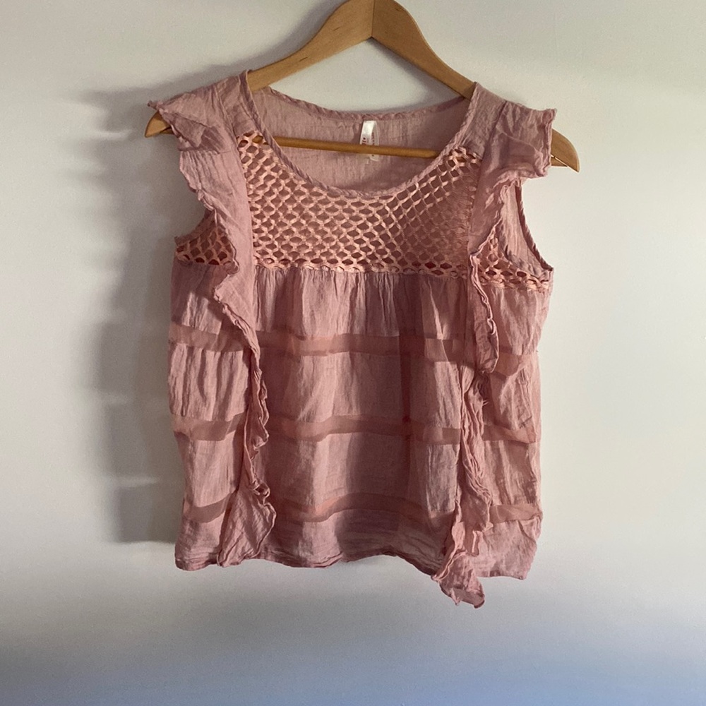 Dust pink, sheer ruffle tank